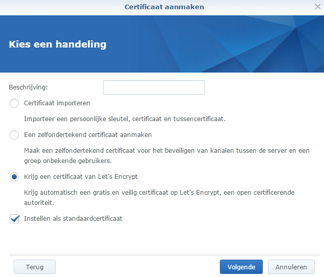Certificaat aanmaken met Let's Encrypt in Synology DSM 6